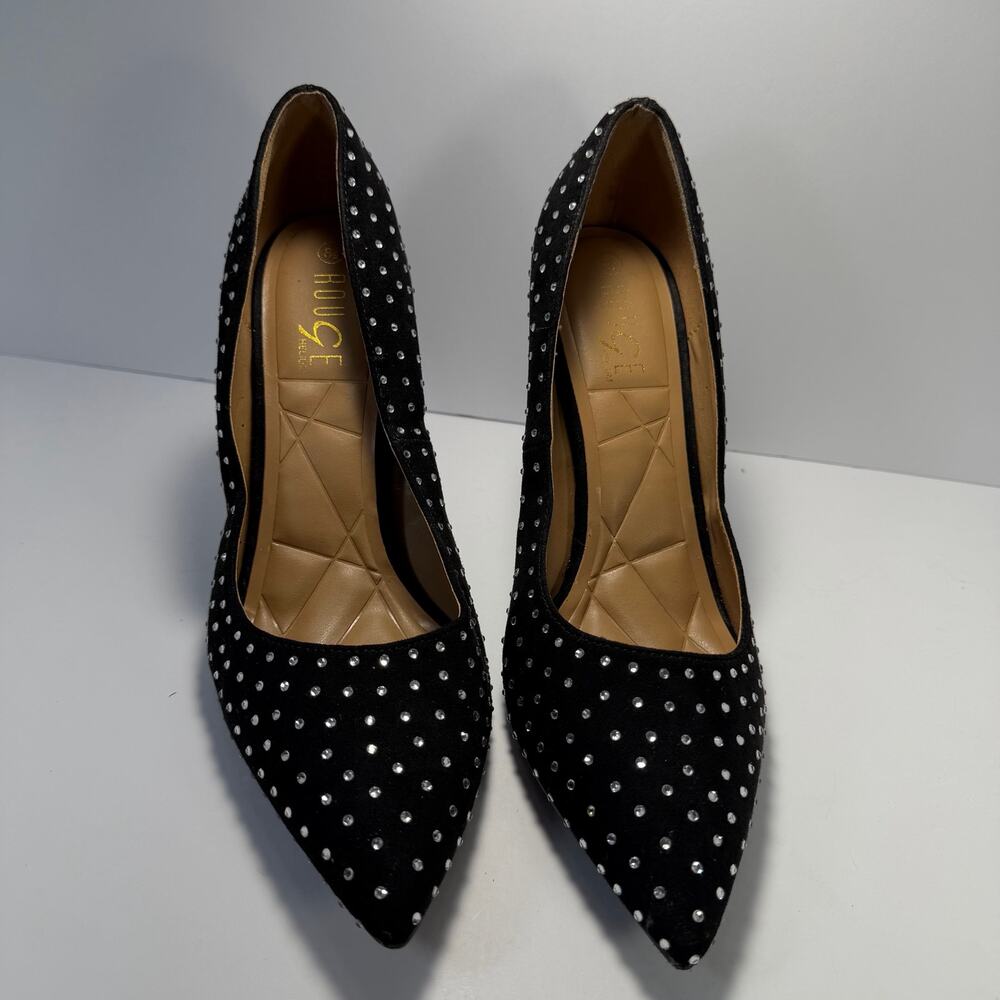 Rouge Helium Black Faux Suede Rhinestone Pointed Pumps size 8.5